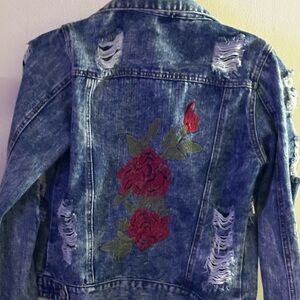 Denim Jacket with Red Rose Embroidery